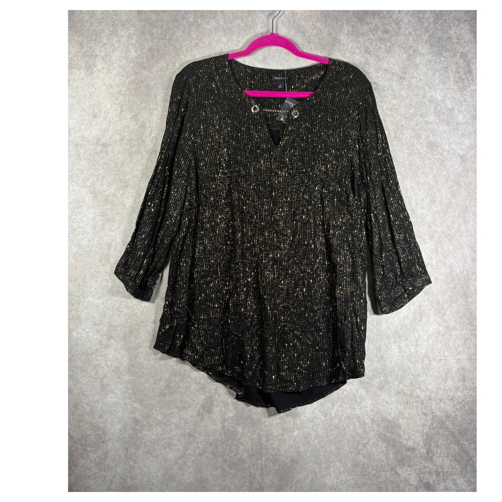 Torrid Blouse Womens 2X Black Gold Chain Link Crepe Metallic Sparkle Tunic Top